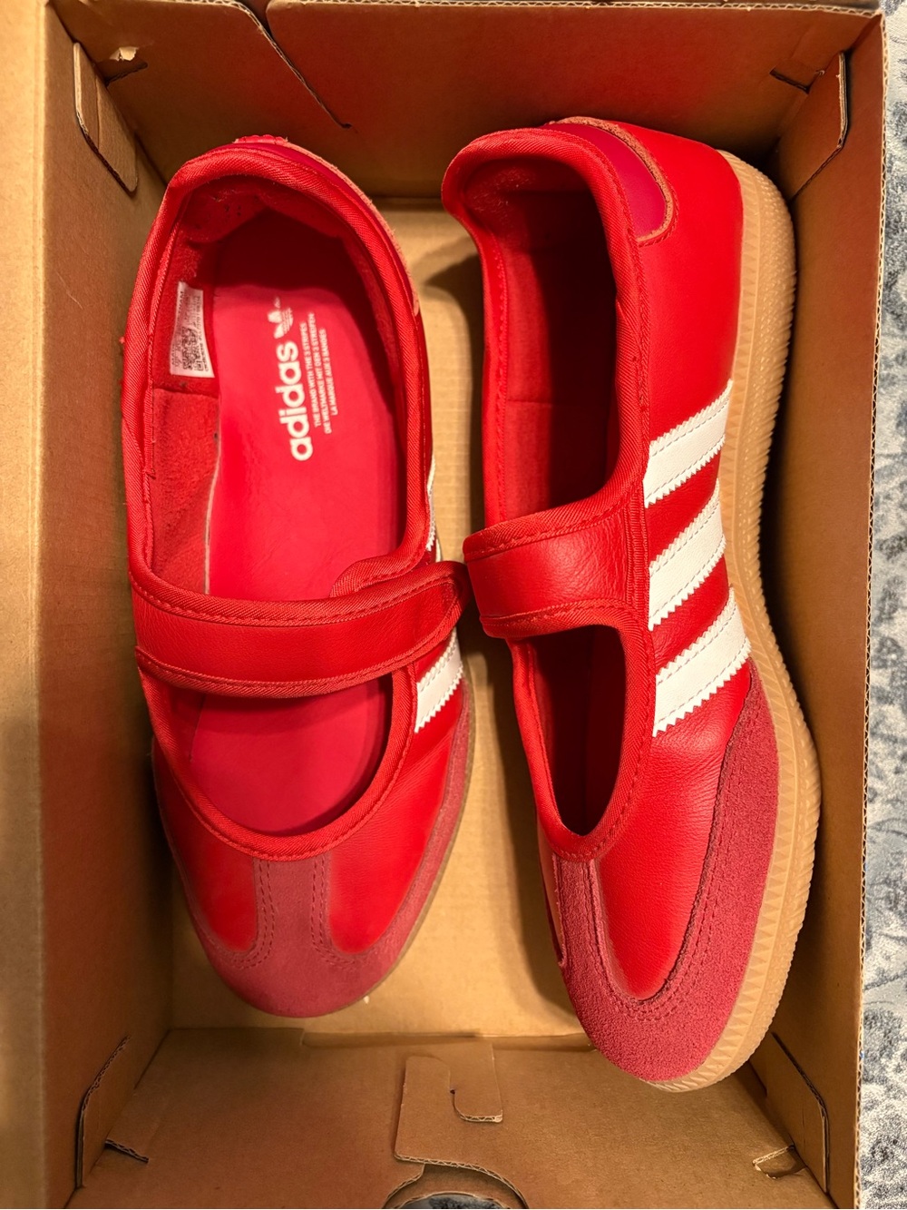 adidas women’s Red Mary Jane Sneakers with White Stripes